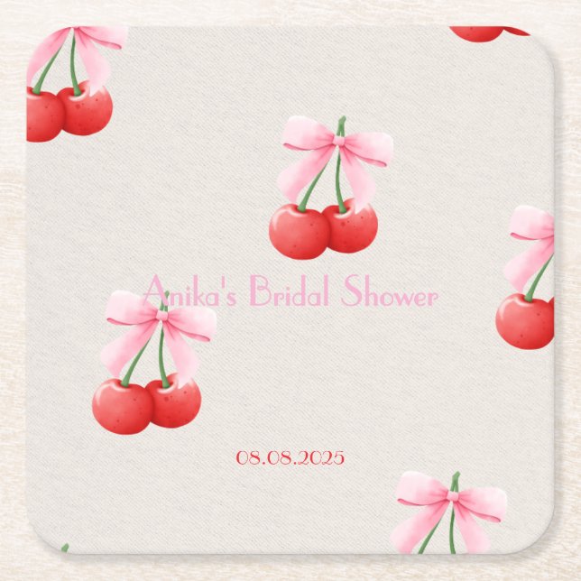 pink cherry bridal shower collection square paper coaster (Front)