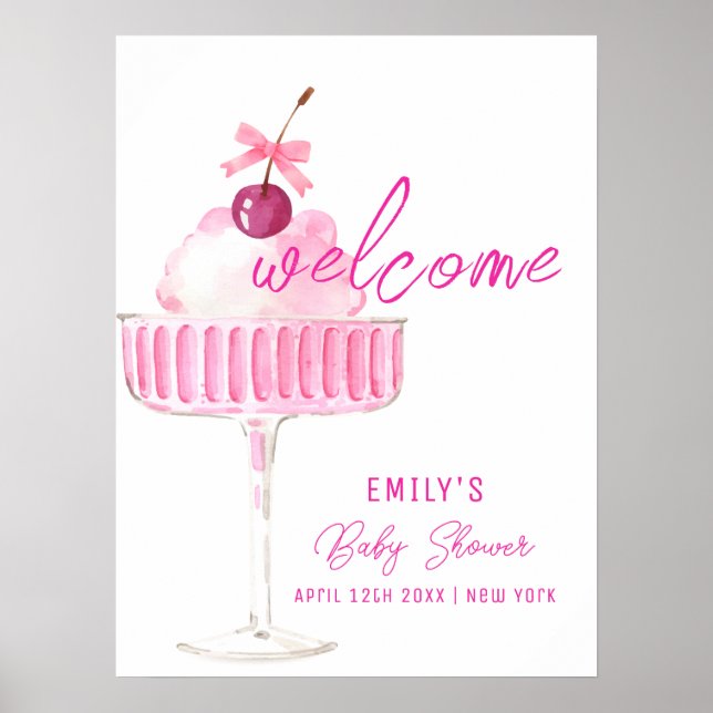 Pink Cherry Champagne Brunch Baby Shower Welcome Poster (Front)