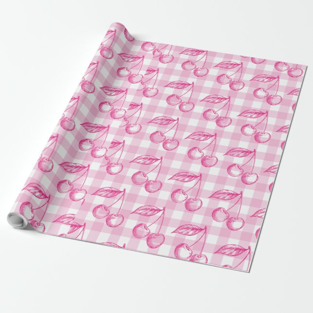 Pink Cherry Coquette Aesthetic Wrapping Paper (Unrolled)