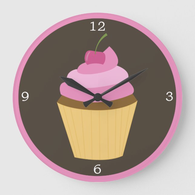 Pink Cherry Cupcake Large Clock (Front)