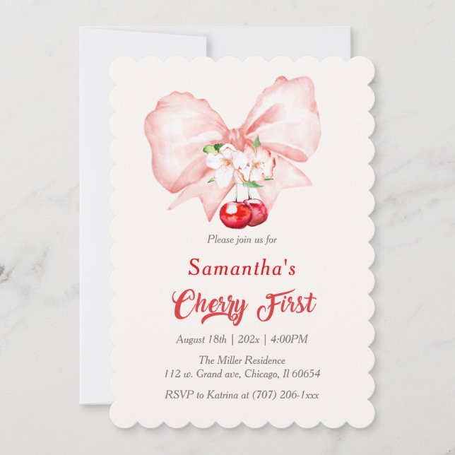 Pink Cherry First Birthday Invitation Template (Front)