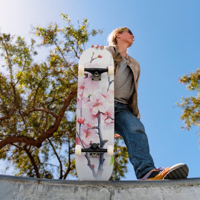 Pink Cherry Flowers Branch Skateboard (Outdoor 1)