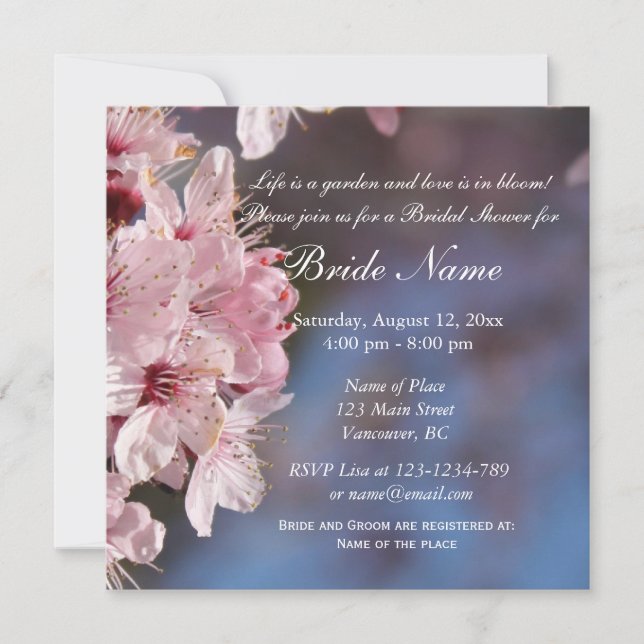 Pink cherry  flowers bridal shower invitation (Front)