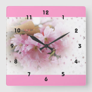 pink cherry flowers. floral photo art. square wall clock