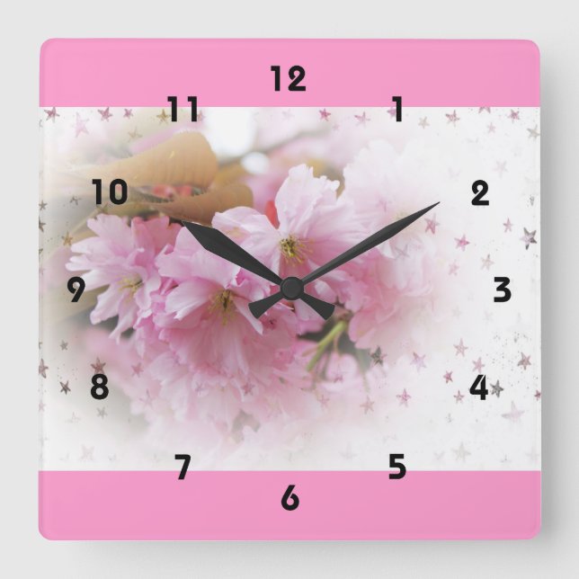 pink cherry flowers. floral photo art. square wall clock (Front)