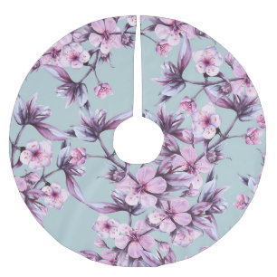 Pink cherry flowers: watercolor background branch brushed polyester tree skirt