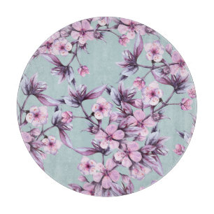 Pink cherry flowers: watercolor background branch cutting board