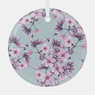 Pink cherry flowers: watercolor background branch glass tree decoration
