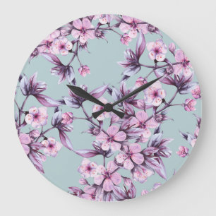 Pink cherry flowers: watercolor background branch large clock