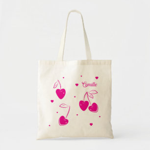 Pink Cherry Hearts Whimsical Cute Shape Name Tote Bag