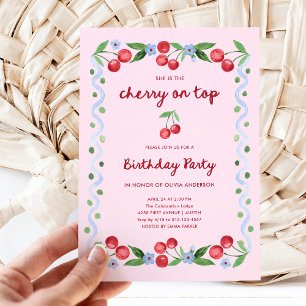 Pink Cherry on Top Whimsical Retro Birthday Party Invitation