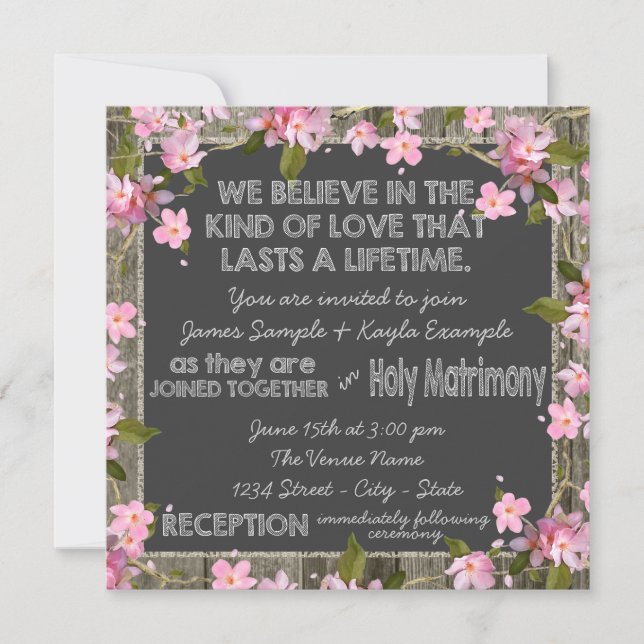 Pink Cherry Rustic Barn Wood Chalk Wedding Invitation (Front)