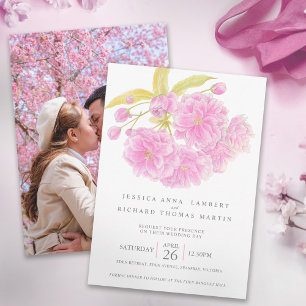 Pink cherry tree blossom watercolor photo wedding  invitation