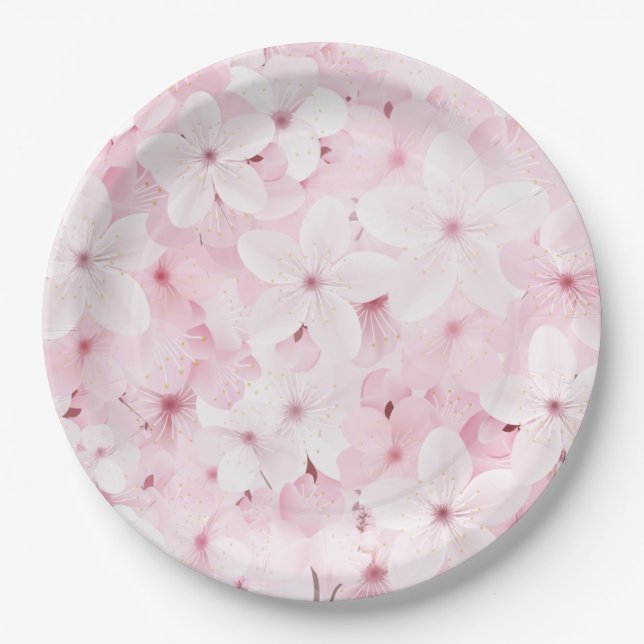 Pink Cherry Tree Blossoms Paper Plate (Front)