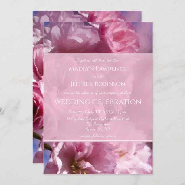 pink cherry tree blossoms spring wedding invitation (Front/Back)