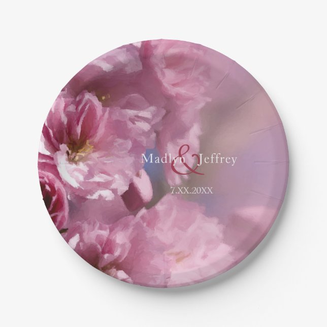 pink cherry tree blossoms spring wedding paper plate (Front)