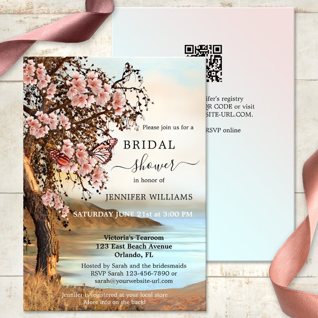 Pink Cherry Tree Butterfly Bridal Shower Invitation (Bridal shower invitation with a cherry tree and pink butterflies on the waterfront - with QR code)