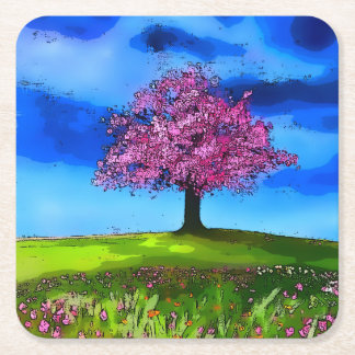 Pink Cherry Tree Square Paper Coaster