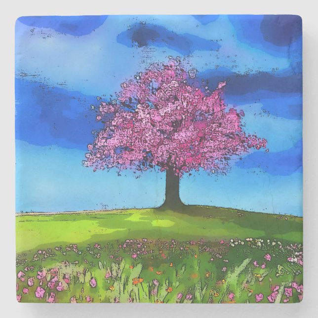 Pink Cherry Tree Stone Coaster (Front)
