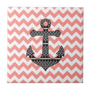 Pink Chevron Black Tribal Pattern Anchor Ceramic Tile