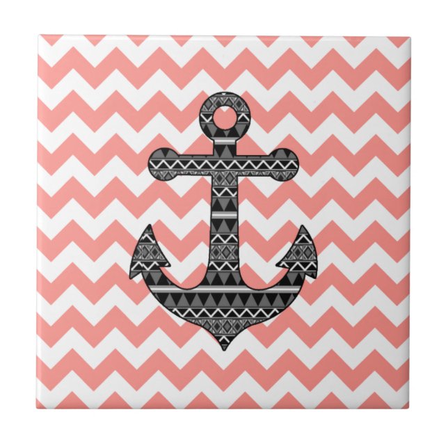Pink Chevron Black Tribal Pattern Anchor Ceramic Tile (Front)