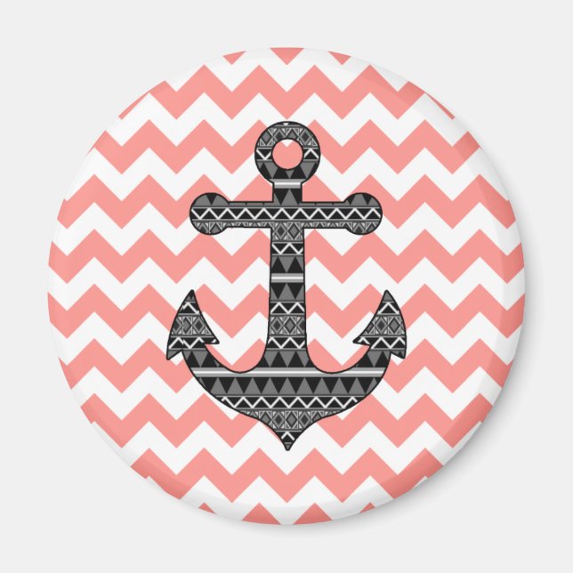 Pink Chevron Black Tribal Pattern Anchor Magnet (Front)