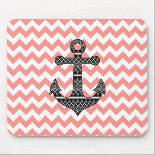 Pink Chevron Black Tribal Pattern Anchor Mouse Pad