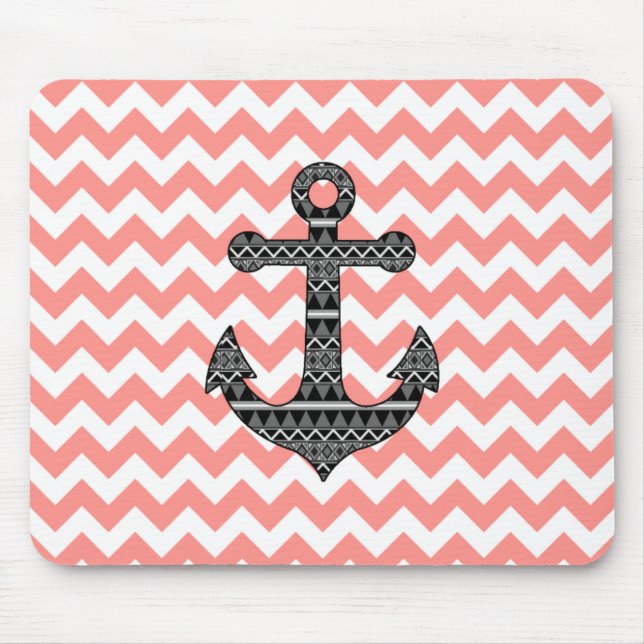 Pink Chevron Black Tribal Pattern Anchor Mouse Pad (Front)