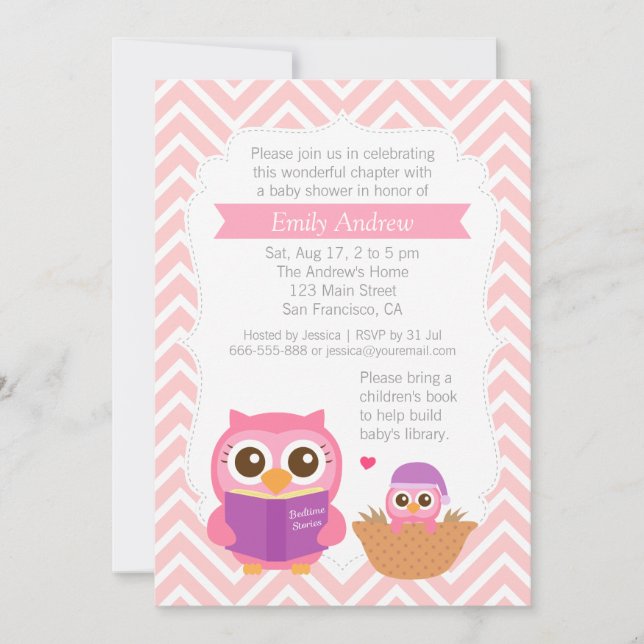 Pink Chevron Book Themed Owl Baby Shower Party Invitation (Front)