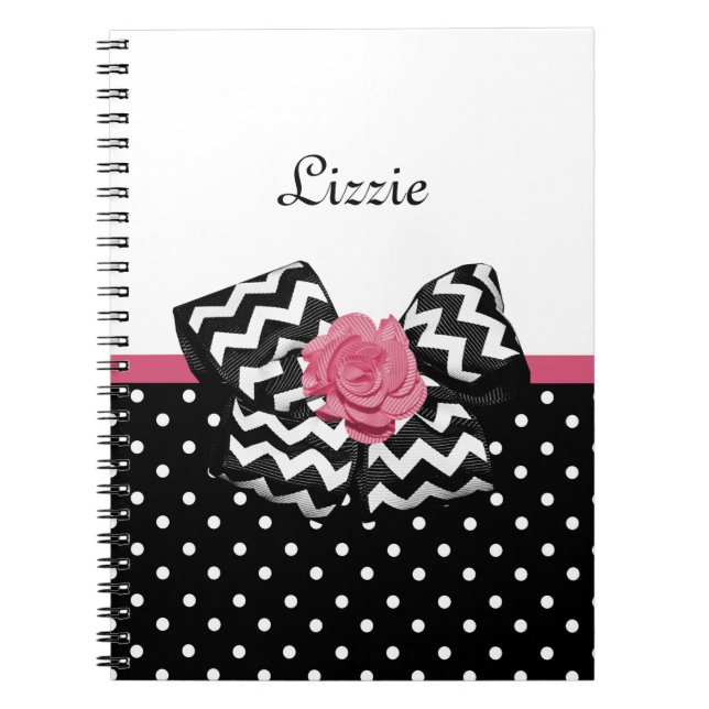 Pink Chevron Bow Polka Dot Name Notebook (Front)