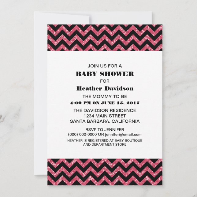 Pink Chevron Glitter Baby Shower Invite (Front)