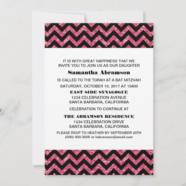 Pink Chevron Glitter Bat Mitzvah Invite (Front)