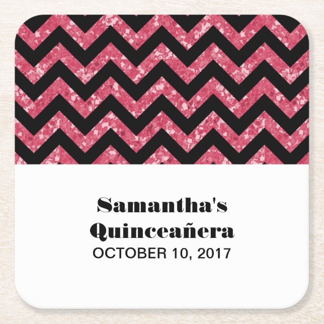 Pink Chevron Glitter Quinceañera Coasters (Front)