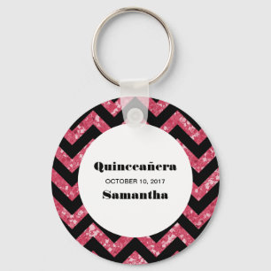 Pink Chevron Glitter Quinceañera Keychain