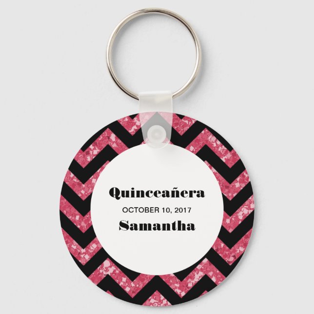 Pink Chevron Glitter Quinceañera Keychain (Front)