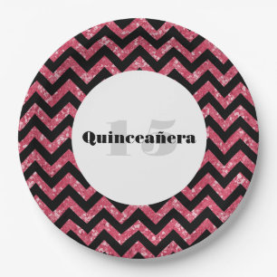 Pink Chevron Glitter Quinceañera Paper Plates