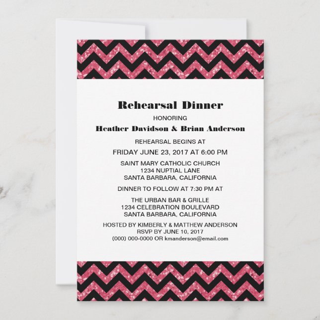 Pink Chevron Glitter Rehearsal Dinner Invite (Front)
