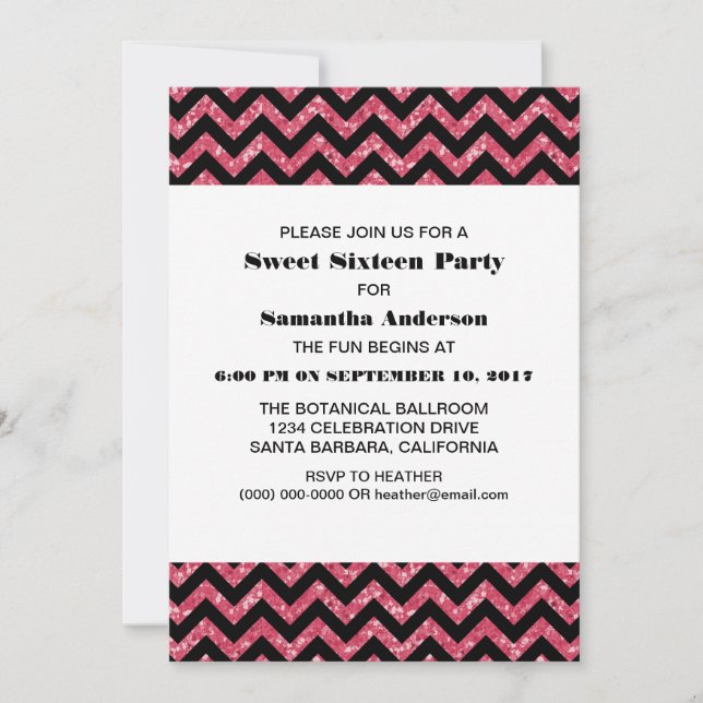 Pink Chevron Glitter Sweet 16 Party Invite (Front)