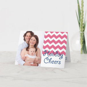 Pink chevron holiday cheers Christmas photo Card
