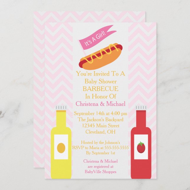 Pink Chevron Hotdog BBQ Baby Shower Invitation (Front/Back)