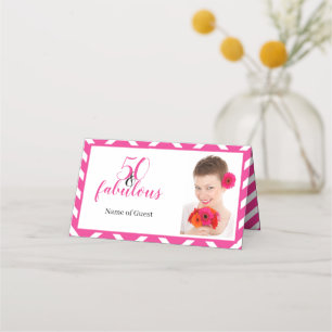 Pink Chevron Pattern 50 & Fabulous Photo Birthday Place Card