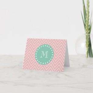 Pink Chevron Pattern   Mint Green Monogram Note Card