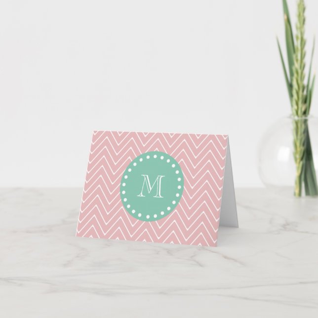 Pink Chevron Pattern | Mint Green Monogram Note Card (Front)