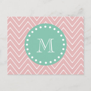 Pink Chevron Pattern Mint Green Monogram Postcard