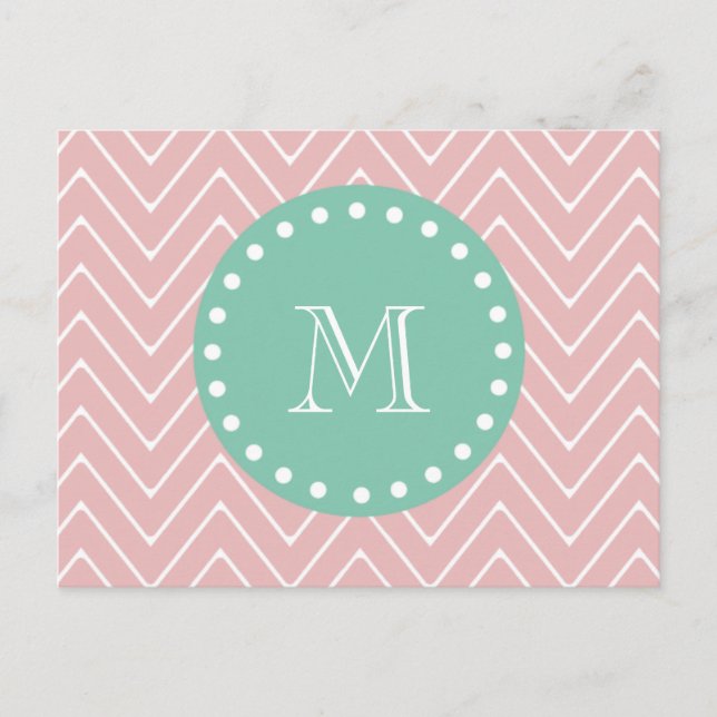 Pink Chevron Pattern | Mint Green Monogram Postcard (Front)