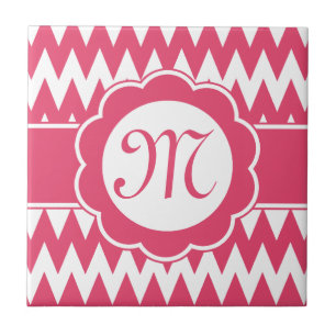 Pink Chevron Pattern & Monogram Flower Tile