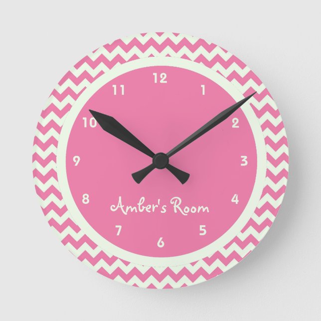 Pink Chevron Personalised Kid's Bedroom Round Clock (Front)