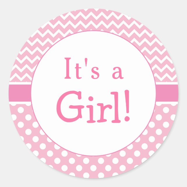 Pink Chevron & Polkas Dot Baby Shower Classic Round Sticker (Front)