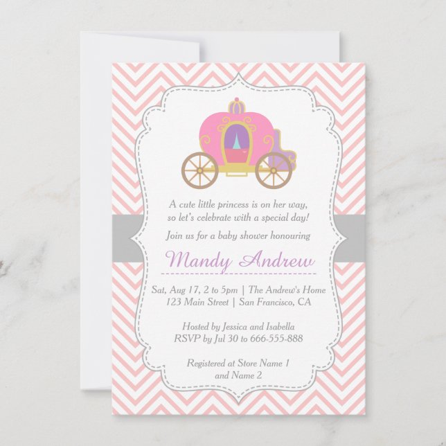 Pink Chevron, Princess Carriage, Girl Baby Shower Invitation (Front)