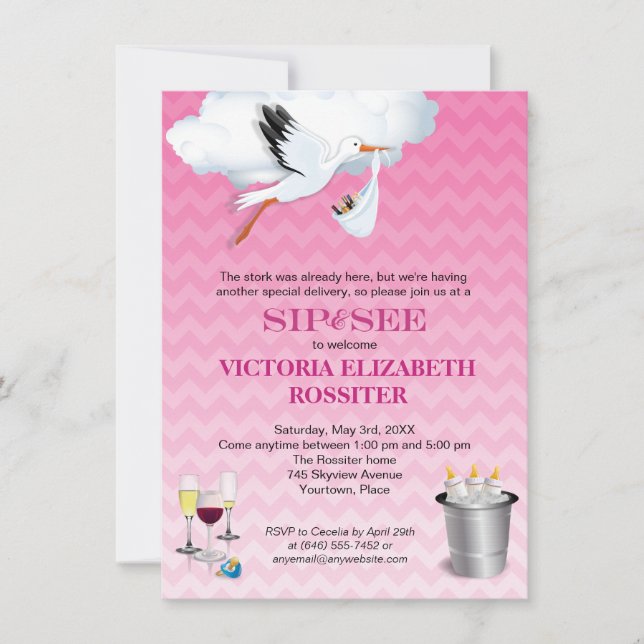 Pink Chevron Stork Baby Sip and See Party Invitation (Front)